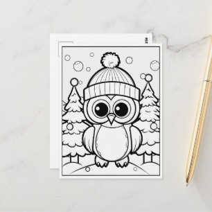 festive owl kid colouring  postcard