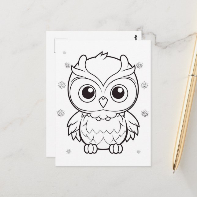Festive owl kids colouring  postcard (Front/Back In Situ)