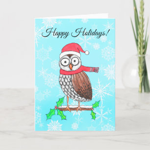Festive Owl Santa Hat Happy Holidays Holiday Card