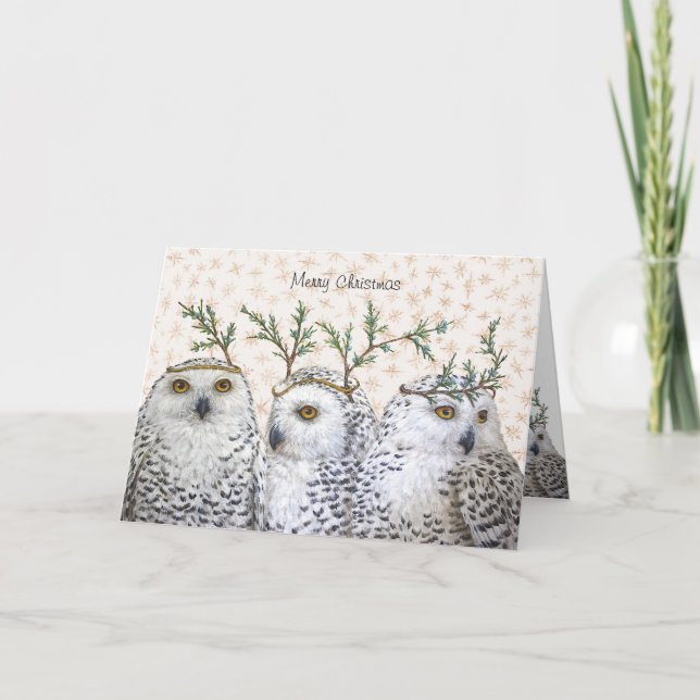 Festive owls on snow Christmas card (Front)
