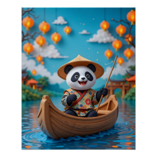 Festive Panda Boat Scene Poster