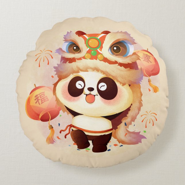 Festive Panda Celebration Round Cushion (Front)