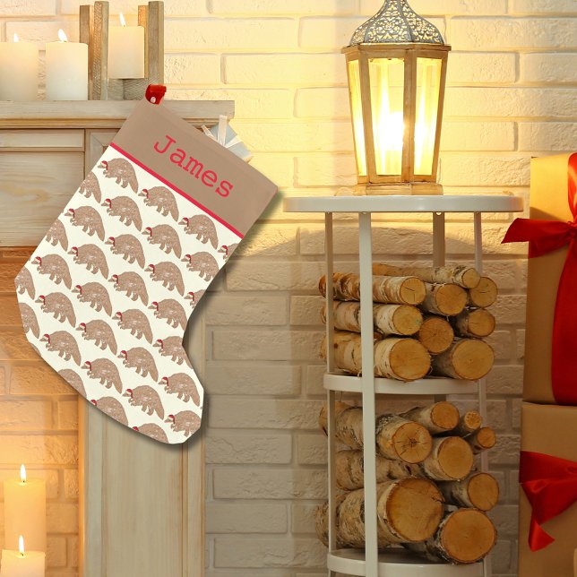 Festive Pangolin Endangered Species Animal Name Small Christmas Stocking (Christmas pangolin wearing a Santa hat pattern personalized name holiday stocking)