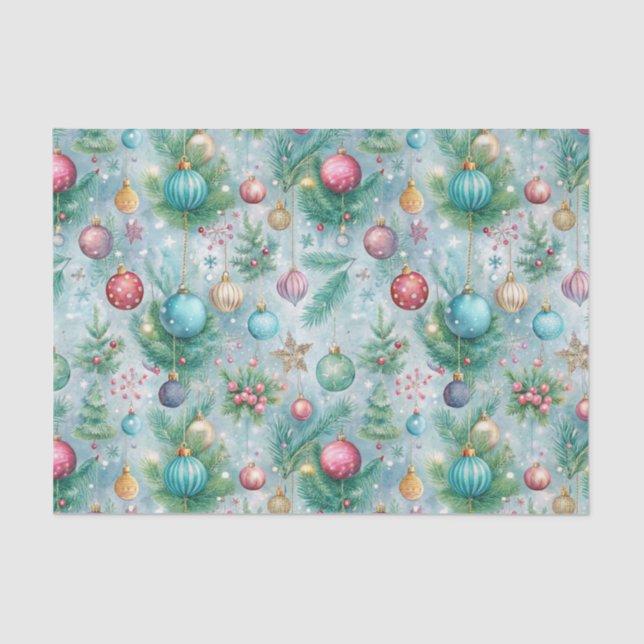 Festive Pastel Christmas Tree Ornament Holly Berry Tissue Paper (Front)