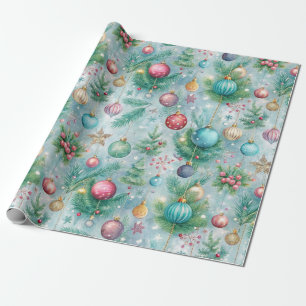 Festive Pastel Christmas Tree Ornament Holly Berry Wrapping Paper
