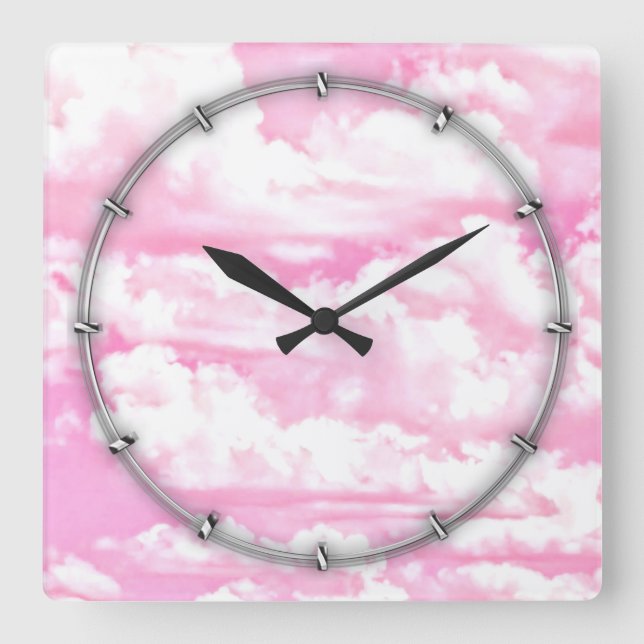 Festive Pastel Pink happy Clouds Square Wall Clock (Front)