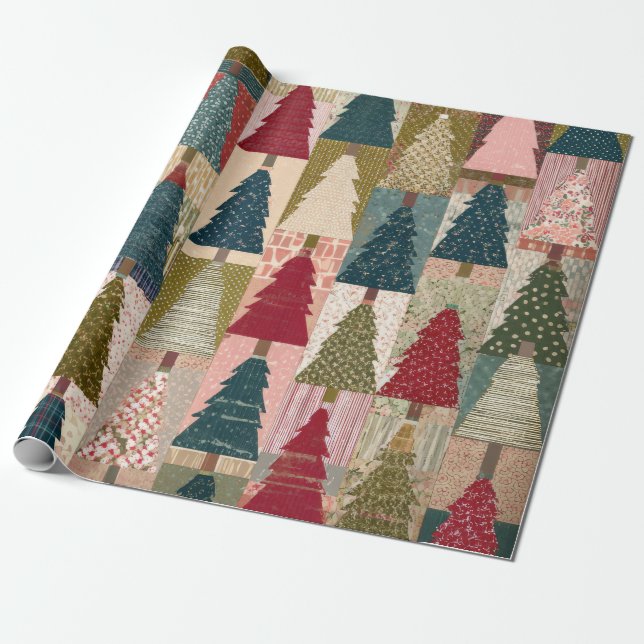 Festive Patchwork Christmas Tree Pattern (3) Wrapping Paper (Unrolled)