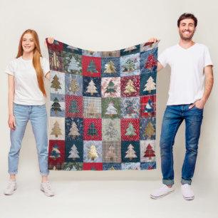 Festive Patchwork Christmas Tree Pattern (4) Fleece Blanket