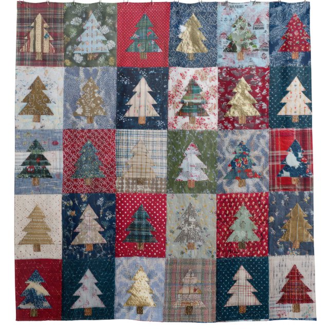 Festive Patchwork Christmas Tree Pattern (4) Shower Curtain (Front)