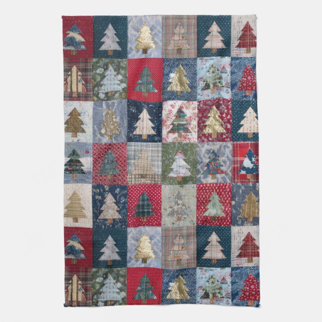 Festive Patchwork Christmas Tree Pattern (4) Tea Towel (Vertical)