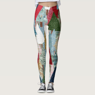 Festive Patchwork Christmas Tree Pattern Leggings