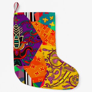 Festive patchwork in indian, turkish, italian, por small christmas stocking