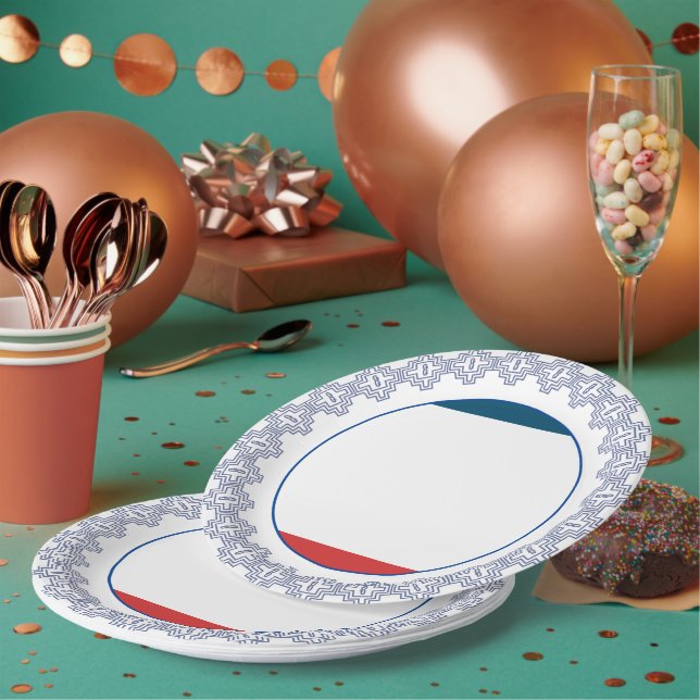 Festive Patterened Border with Red and Blue Accent Paper Plate (Multi)