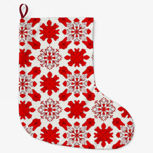 Festive Pattern of Red and White Snowflakes Large Christmas Stocking