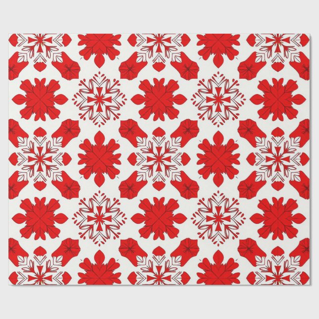 Festive Pattern of Red and White Snowflakes Wrapping Paper (Flat)