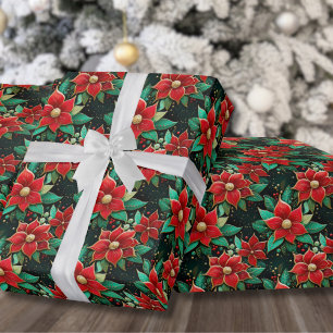 Festive Pattern Poinsettia Flowers Christmas Wrapping Paper