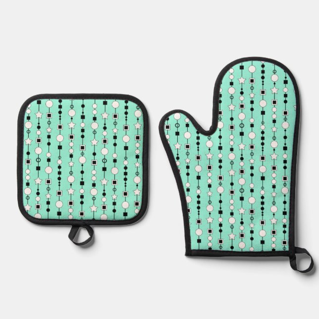 Festive pattern with string beads and jewelry star oven mitt & pot holder set (Front)