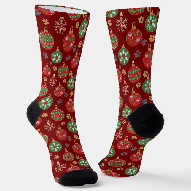  Festive Paw Print Christmas Ornament Socks (Angled)