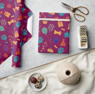 Festive Paw Prints & Party Treats Pet Anniversary Wrapping Paper