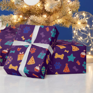 Festive Paw Prints & Party Treats Pet Anniversary Wrapping Paper