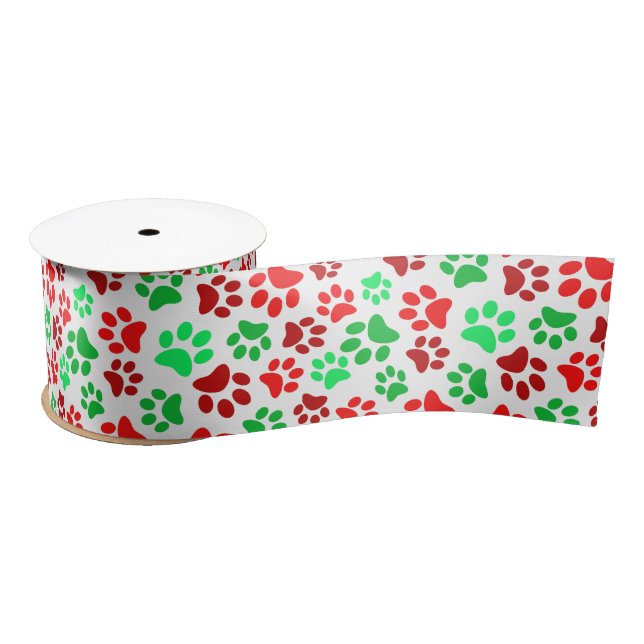 Festive Paw Prints Pet Lovers Red Green Christmas Satin Ribbon (Spool)