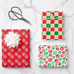 Festive Paw Prints Pet Lovers Red & Green Holiday Wrapping Paper Sheet