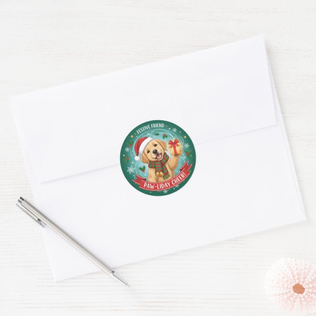Festive Paws & Holiday JoySticker Classic Round Sticker (Envelope)