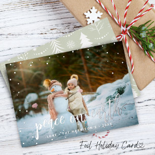 Festive Peace on Earth Silver Snow Photo Foil Holiday Card