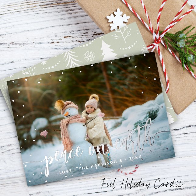 Festive Peace on Earth Silver Snow Photo Foil Holiday Card (Festive Peace on Earth Silver Snow Photo Foil Holiday Card)