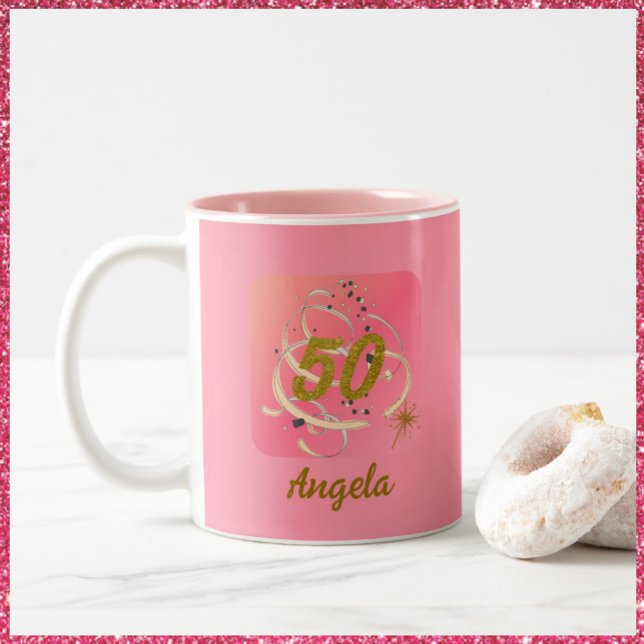 Festive Peachy Fifty Year Birthday Commemoration Two-Tone Coffee Mug (Creator Uploaded)
