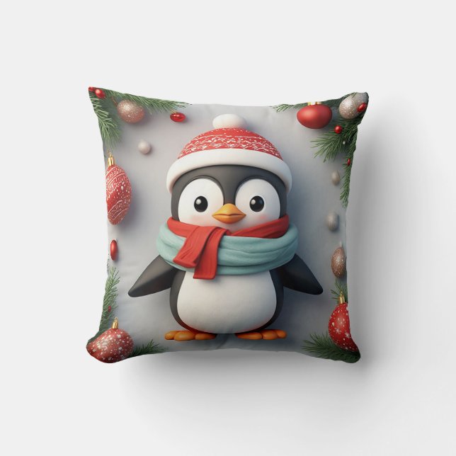  Festive Penguin Decorated With Holiday Ornaments Cushion (Front)