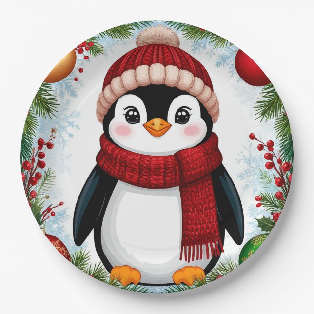 Festive Penguin Decorated With Holiday Ornaments Paper Plate (Front)