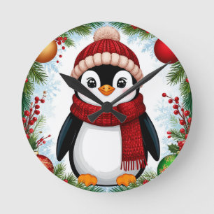Festive Penguin Decorated With Holiday Ornaments Round Clock