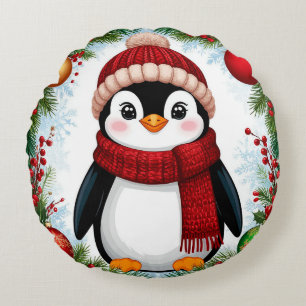 Festive Penguin Decorated With Holiday Ornaments Round Cushion