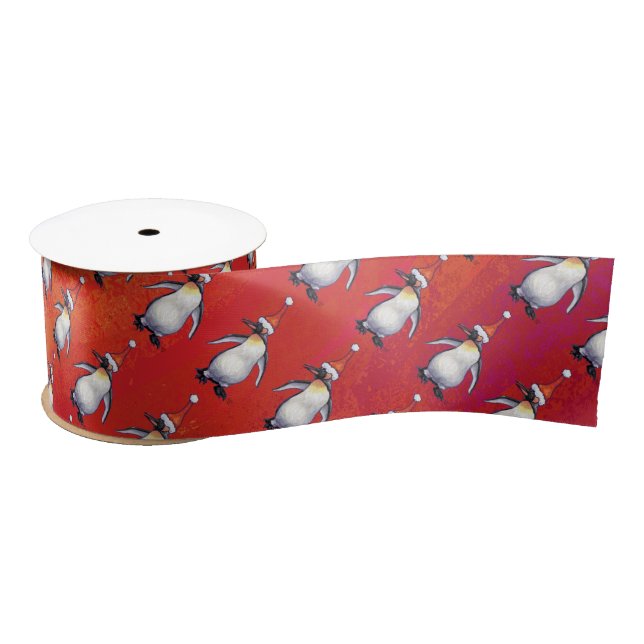 Festive Penguin in a Santa Hat Pattern Satin Ribbon (Spool)