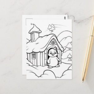 Festive penguin kids colouring  postcard