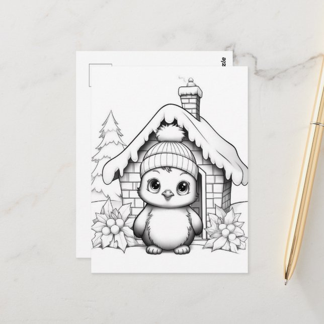 Festive penguin kids colouring Postcard  (Front/Back In Situ)