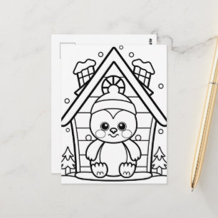 Festive penguin kids colouring postcard