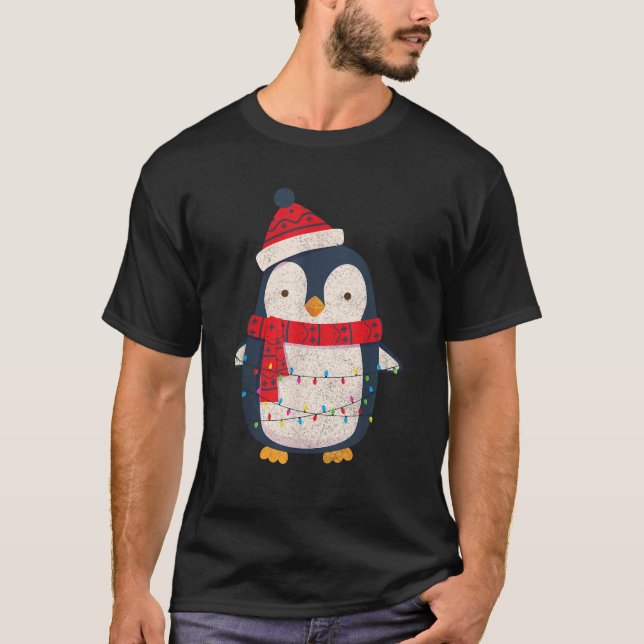 Festive Penguin with Scarf and Lights Christmas Fu T-Shirt (Front)
