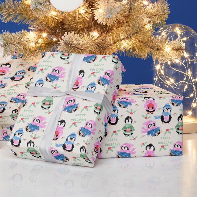 Festive Penguins Pattern Christmas Wrapping Paper (Holidays)