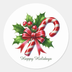 Festive peppermint candy Happy Holidays  Classic Round Sticker