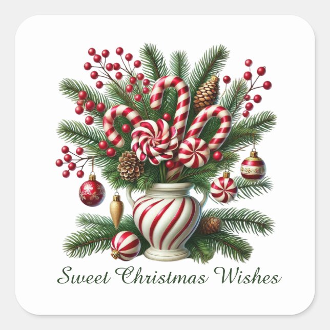 Festive peppermint candy sweet Christmas wishes Square Sticker (Front)