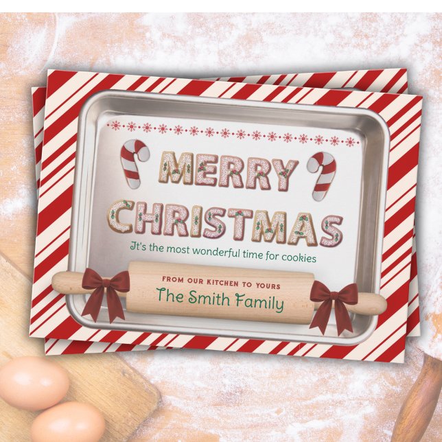 Festive Peppermint Cookie Recipe Holiday Card (Personalized peppermint cookie recipe Christmas card front with custom family name.)