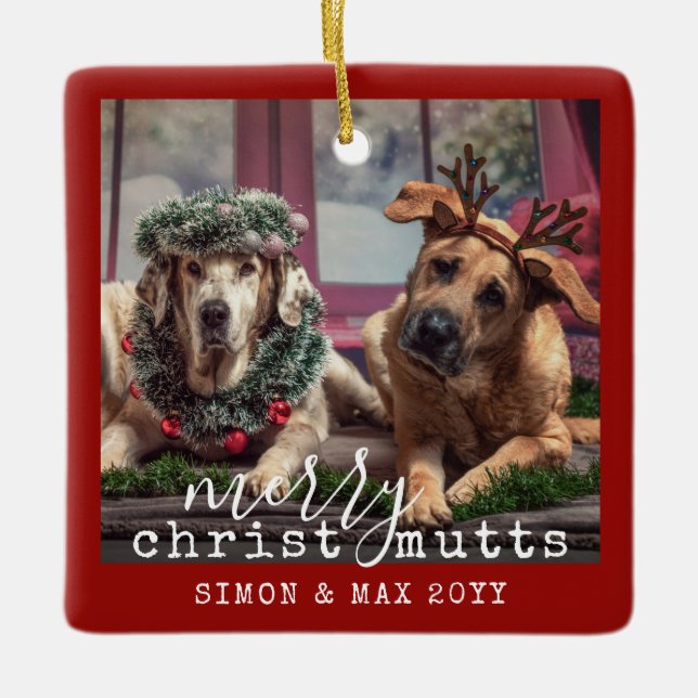 Festive Personalised Funny Dogs Photo ChristMUTTS Ceramic Ornament (Front)