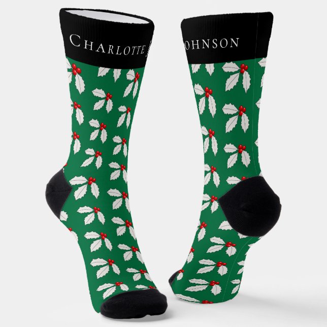 Festive Personalised Holly Berry Green Christmas Socks (Angled)