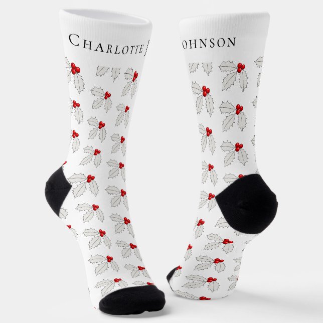 Festive Personalised Holly Berry White Christmas Socks (Angled)