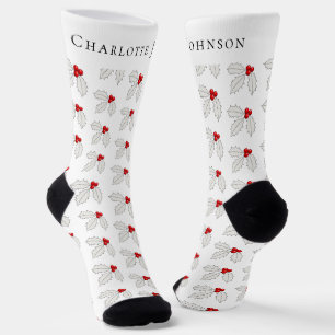 Festive Personalized Holly Berry White Christmas Socks