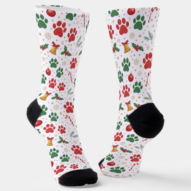 Festive Pet Paw Print Christmas Socks: Red & Green Socks (Angled)