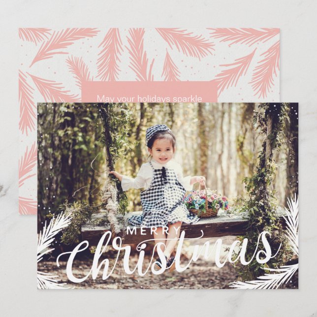 Festive photo pink foliage Christmas Holiday Card (Front/Back)