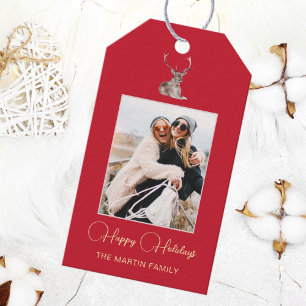 Festive Photo with Winter Deer Christmas Red Gift Tags